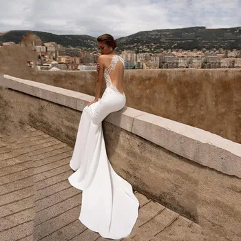 Eleganten V-izrez Backless morska deklica Obleke za Poroko Družico Banket Stranka Počitnice