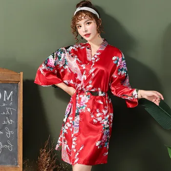 Kitajski Rdeče Ženske, kopalni plašč Seksi Svoboden Poroko Haljo Priložnostne Salon Sleepwear Kimono Plašč Tiskanja Pav Proti-vrat Mini Domov Oblačila