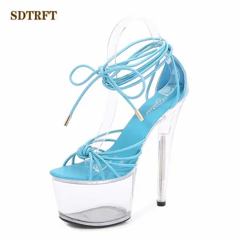 SDTRFT Stilettos zapatos mujer 17 cm tanke pete platformo Ženske Pregleden sandali Ozkem Pasu čevlji ženska Stranka Ples črpalke