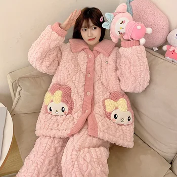 Anime risanke Sanrio Hello Kitty Moja Melodija Kuromi Cinnamoroll žensk koralni žamet pižamo pozimi novo zgosti toplega doma set