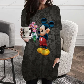 Jeseni Žensk Nov Pulover, T-shirt Puloverju Dolgo sleeved Disney Minnie Mickey Mouse Tiskanja Harajuku Slogu Velikih ohlapnih Oblačil,