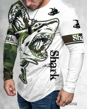 Shark Vzorec Moški Modni T-majice Pomlad Jesen Dolg Rokav 3d Tiskanja Camo Slog Ulica, Hip Hop Man Tee 6XL Velik obseg Priložnostne Vrhovi