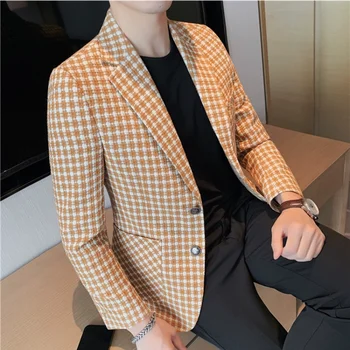Britanski Stil Kariran Blazer Moški Preprosto Slim Fit Formalna Poslovna Obleka Jopiči Plašč Visoke Kakovosti Priložnostne Moda Stranka Jopič Coats