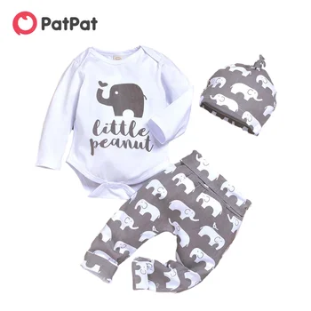 PatPat 3-delni Baby Boy/Girl 95% Bombaž Dolgi rokav Pismo in Slon Tiskanja Obleka in Hlače s Klobuk Set Kompletov Oblačil