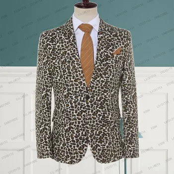 Moške Obleke 2023 Nov Modni Priložnostne Poslovnih Formalno Obleko Slim Fit Volnene Leopard Natisnjeni Ženina Poročna Obleka Blazerji Jakno Plašč