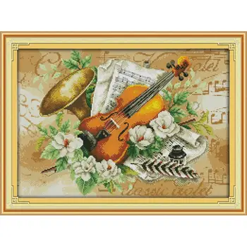 Violino in cvetje Navzkrižno šiv 11CT 14CT vezenje vgradnjo v Plovila, igle in sukanca, ki nastavite Natisnjeni platno bombažno nit Dom Dekor
