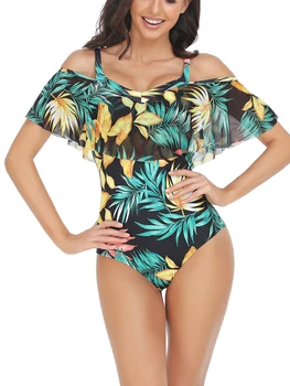 2023 Ženske Bikini Jumpsuit Bikini Komplet Kratek Rokav Off Ramenski Cvetlični/Listov Tiskanje Bazen Summer Beach Kopalke