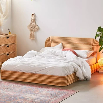 Dvojno 1.5-meter rattan posteljo, masivnega lesa, ratana, tkane Japonski slog 1.8 postelja, modernega naravnega lesa barve, majhne enote spalnica
