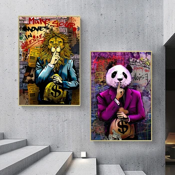 Grafiti Denar, Umetnosti Shut Up Lev Panda Abstraktna Umetnost Platno Slikarstvo Ulica Pop Živali Plakatov in Fotografij Vrstici Soba Wall art Dekor