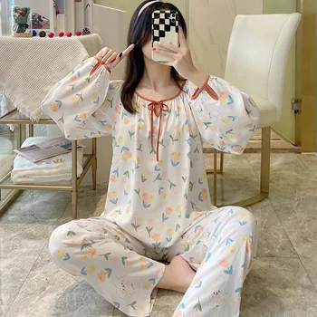2023 Nove Dolg Rokav Bombaž Rajon Pižamo Za Ženske Pomlad Jesen Domov Oblačila Korejski Sveže Študent Sleepwear Pijamas Set