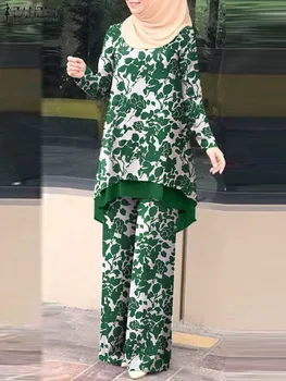 ZANZEA Jesenske Počitnice Ujemanja Nizov Moda Cvjetnim Natisne Muslimansko Obleko z Dolgimi Rokavi O-Vratu Bluzo Širok Noge Sopihanje Islamska Oblačila