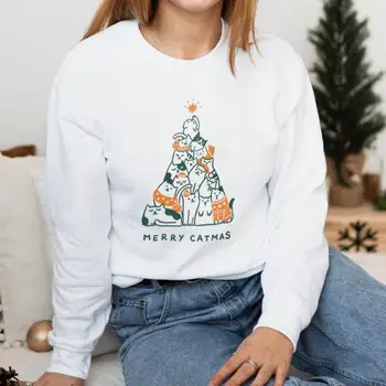 Majica VESEL CATMAS BARVNE Grafiko, ki je Natisnjena Luštna Mačka Ljubitelje Božič Skakalec Puloverji Smešno 100%Bombaž Dolg Rokav Obleke