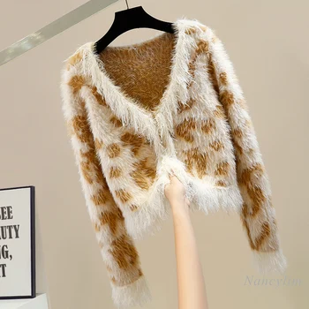 Moda Leopard Jopico za Ženske Tassel Design Proti-vrat Puloverju Slim Fit Kratke Kontrast Barve Pletene Jopice Oblazinjeni Zgornji Plašč