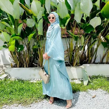 Jeseni Abayas za Ženske Elegantne Saten Batwing Rokav Muslimansko Obleko Dubaj Abaya Saten Trdna Haljo Obleke za Muslimanske Ženske