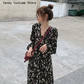 Vintage Dolg Rokav Obleka za Ženske Cvetlični Oblikovalec korejskem Slogu Ulica Vestidos Y2k Jeseni Elegantna Mid-tele Priložnostne BF Femme Ponudbe