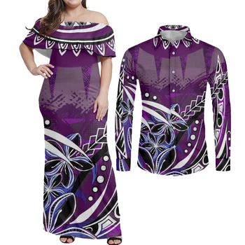 HYCOOL Samoan Plemenski Nekaj Oblačila Sklop Ženska Off Ramenski Ruffle Polinezijski Poroko Gost Obleke Hibiscus Tiskanja Shift Obleko