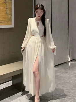 Elegantno Trdna Maxi obleke za Ženske Očesa Dolg Rokav Visoko Pasu Votlih Iz Jesen Pomlad korejski Moda Visoko Split Haljo Vestidos