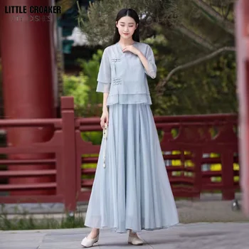 Retro Dva Kosa iz Ženske Obleko 2023 Poletje Kitajski Modni Slog Svetlo Modra Šifon Vrh + Maxi Krilo Novo V Ujemanje določeno M-4XL