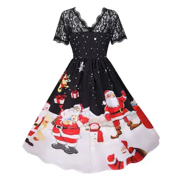 Božič Obleko za Ženske Big Swing Risanka Santa Snežinka Tiskanja Kratek Rokav vidi skozi Čipke Lady Novo Leto Stranka Večerno Obleko