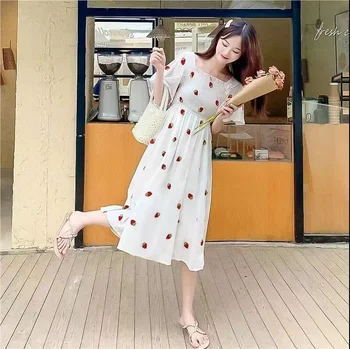 Ženske Seksi Ruffle Puff Rokav Off Ramenski Vezenje Summer Party Obleke Letnik Kawaii Jagode Obleko 2023 Korejski Elegantno