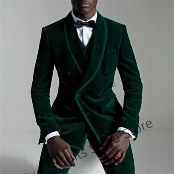Pozimi Zeleni Mah, Elegantna Oblačila Za Moške, Slim Fit Dvojno zapenjanje Ženina Tuxedos 2 Kosa Določa Casual Moški Jopič Kostum Homme