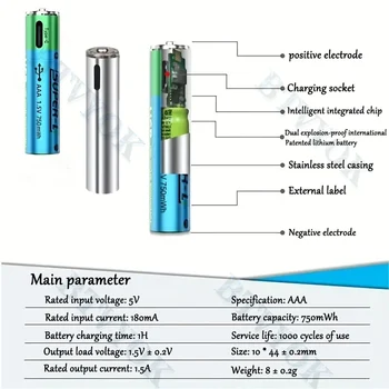 1,5 V AAA 750mWh litij-ionska baterija za polnjenje, polnjenje prek kabla USB igrače, miško, budilka, itd