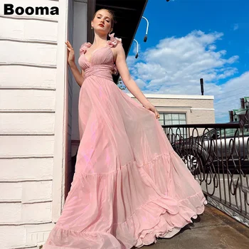Booma A-Linijo Pink Šifon Prom Obleke Proti-Vrat Pleat Ruched Dolge Večerne Obleke za Ženske Cvetje Ples Stranke Obleke