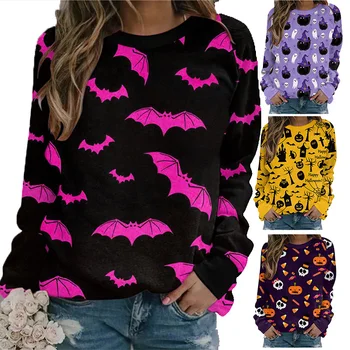 Halloween Hoodies Bat Dolge Rokave Bučna Natisnjeni Posadke Vratu Puloverju Jeseni Svoboden Tees za Ženske, Dame Majica Bluzo Mujer