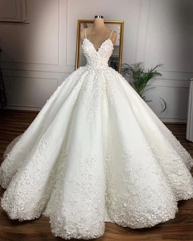 Realne Slike Luksuzni Čipke Poročne Obleke Casamento 3D Cvet Seksi Špageti Trak Poročne Halje Čipke Plus Velikost Poročno Obleko