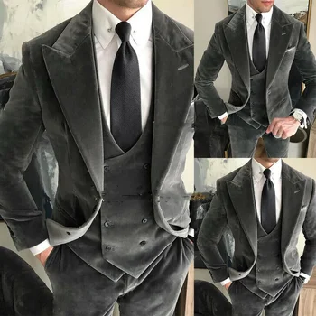Sivo Žametno Moški Poročni Tuxedos Afriške Obleke za Maturantski Slim Fit Nevesta Nositi Moški Modni Kopalke Jakno Z Hlače Telovnik
