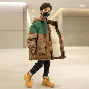 2023 Pozimi Moda za Mlade Dečke Hooded Navzdol Bombaž Oblačila Kontrast Barve Mid-dolžina Plišastih Zgosti Toplo korejski 5-12 Let