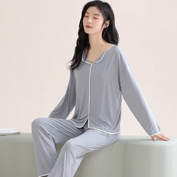 Ženske Pižame Nastavite Modal Trdna Ženske Pižame Z Dolgimi Rokavi Sleepwear V Prsih Pad