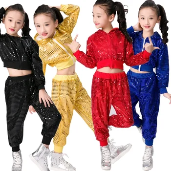 Hip Hop Kostum Za Otroke Fant Dekleta Sequins Jazz Ples Sodobni Cheerleading Crop Zgornji Del In Hlače Uspešnosti Obleke Oblačila