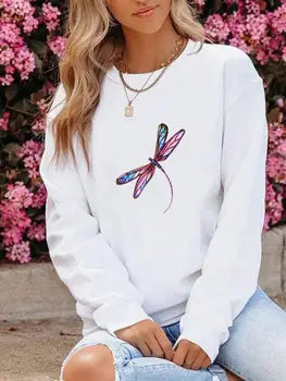 Oblačila za Ženske, Tiskanje Runo Puloverji Lady Dolg Rokav Zimski Modni Dragonfly Trend Slog 90. letih Priložnostne Grafični Sweatshirts
