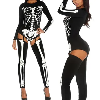 Halloween Ženske, z Dolgimi Rokavi Jumpsuit Nastavite Okostje Tiskanje Okrogle Ovratnik Slim Bodysuit Kostum Rekviziti za Cosplay Kažejo Stranka