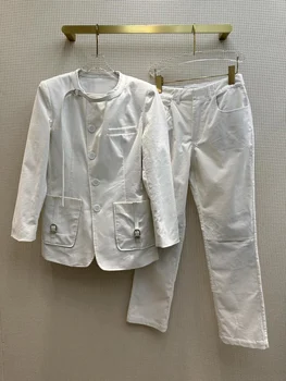 Asimetrične usnje trim rebrasti žamet belo obleko ➕ mozaik zmanjšanje bele velvet ravne noge pants9.4