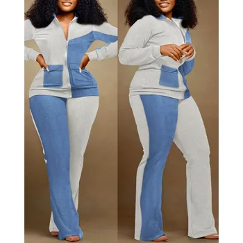 2023 Pomlad Jesen Novo žensko Obleko Imitacija Jeansa Barvni Kontrast Mozaik Vrhu Dva Kosa Hlače Priložnostne in Udobno