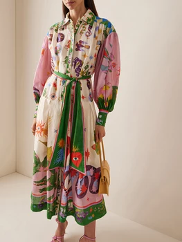Ženske s Vintage francoski Obleko Grafični Vzorec Dolgo Luč Rokav Gumb Spredaj River Midi Swing Obleka s Pasom
