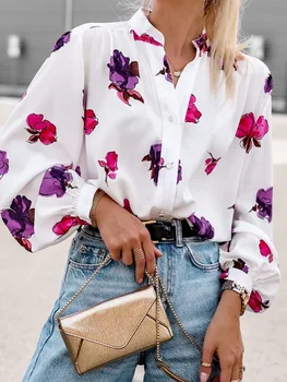 priložnostne svoboden cvjetnim natisniti majico bluzo ženske jeseni mode stojalo vratu majice z dolgimi rokavi za ženske 2023 urad elegantno vrhovi