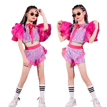 Poletni Plesni Kostum za Otroke Dekle 2Pcs Obreži Zgoraj&Hlače Sequines Hip-Hop obleko Otroke, Deklice Oblačila
