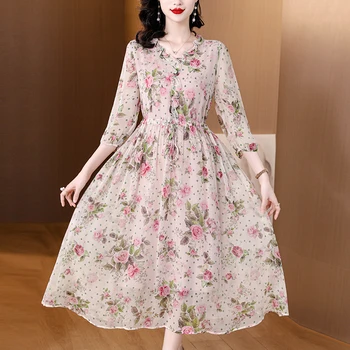 Ženske Roza Cvetlični Naravne Svile Midi Obleke Jeseni Korejski Moda Šifon Obleko 2024 Pomlad Novo Elegantno Bodycon Stranka Vestidos