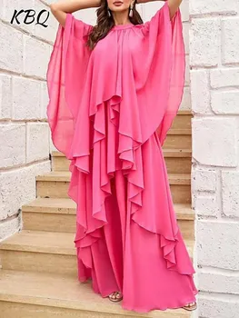 KBQ Razrezana Ruffles Minimalističen, Obleke Za Ženske okoli Vratu Dolg Rokav Visoko Pasu Priložnostne Ohlapne Gube Obleko Ženski Modni Slog
