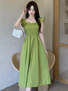 Vestidos Obleko 2023 Ženske Nova Oblačila A-linijo Visoko Pasu Kaliti Kvadratnih Ovratnik Poletje Čisto Preprosto Elegantno korejske Modne Obleke