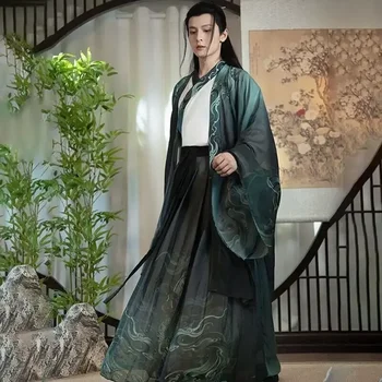 VODA Hanfu Moških Kitajska Tradicionalna Oblačila Natisnjeni Han Fu Moški Halloween Cosplay Kostum Gradient Bela Zelena Hanfu 3pcs Določa