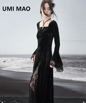 UMI MAO Temno Romantično Splice Pozimi Obleko Jeseni Žensk 2023 Novo Čipke Trak Elegantno Žametno Krilo Obleke Femme Y2K