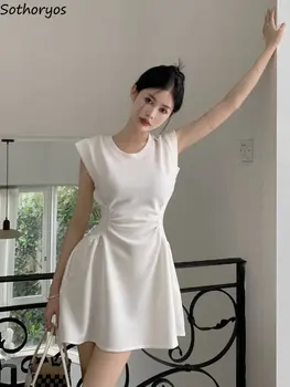 Obleke, Ženske Retro Eleganten Poletje V Korejskem Slogu Nežne Ženske Obleke Imperij Trendy Seksi Prosti Čas Osnove Preprost Ins Čiste Barve