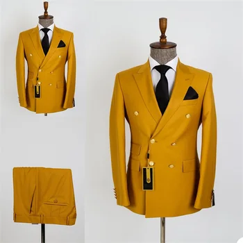 Visoka Kakovost Moške Obleke Dveh Kosov Lep Bombaž Pomladni Poroka Obleke, Z Zlatom Kovine Meri Dvojno Zapenjanje Formalno Suknjič+Hlače