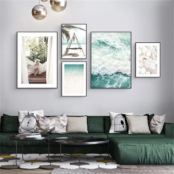 Prilagodljiv Seashell Plaža Sliko Dekle Viseči Mreži, Plakat Wall Art Oceanskih Valov Tropske Narave Kulise, Platno Slikarstvo