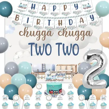 Chugga Chugga dve Dve Rojstni Dekor 2. Vlak Retro Baloni Ozadje Banner Torto Toppers za 2-letni Rojstni dan