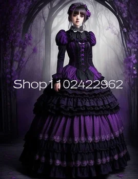 Črna Vijolična Gothic Lolita Žogo Obleke Prom Obleke z Dolgimi Rokavi Ruched Ruffles Krilo Viktorijanski Vrveža Korzet Večerne Obleke